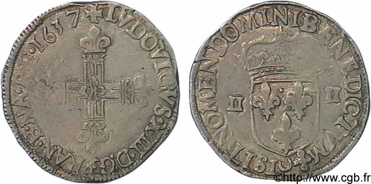 LOUIS XIII Quart d écu, à la croix fleurdelisée, titulature côté croix 1637 Bayonne XF