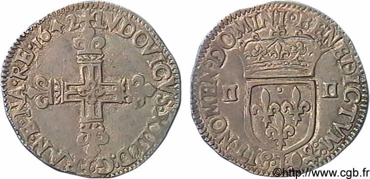 LOUIS XIII LE JUSTE Quart d écu, à la croix fleurdelisée, titulature côté croix 1642 Bayonne TTB/TTB+