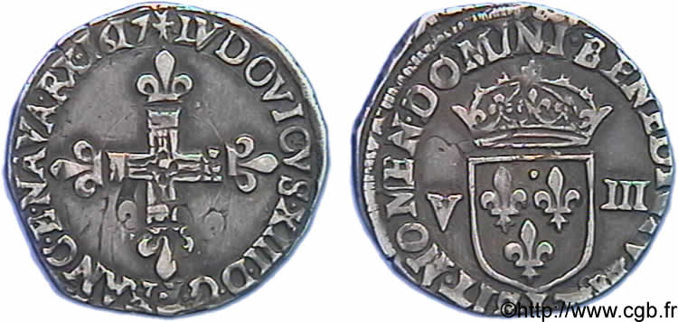 LOUIS XIII  Huitième d écu, à la croix fleurdelisée, titulature côté croix 1617 Bayonne XF