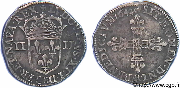 LOUIS XIII  Quart d écu, à la croix fleurdelisée, titulature côté écu 1642 Arras SS