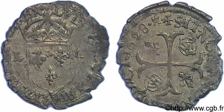 LOUIS XIII  Douzain, à la croix cantonnée de deux lis et de deux couronnes (émission protestante) 1628 Nîmes VF/AU