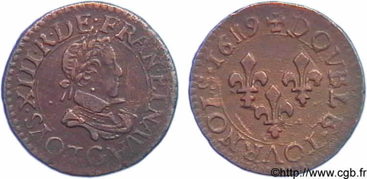 LOUIS XIII  Double tournois, petit buste enfantin au col plat 1619 Poitiers XF