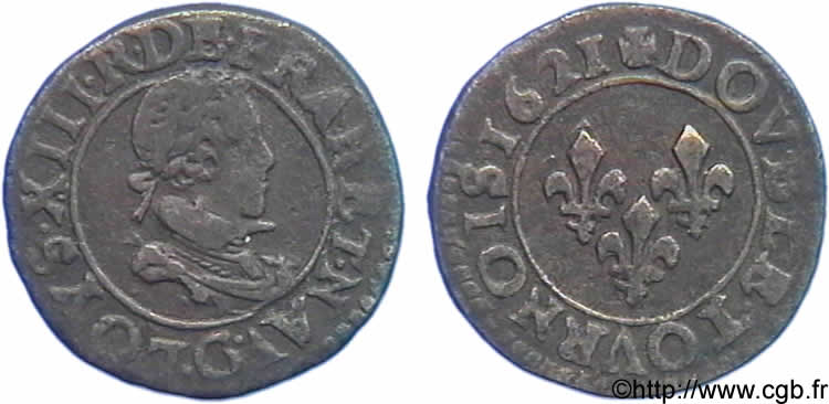 LOUIS XIII LE JUSTE Double tournois, petit buste enfantin au col plat 1621 Poitiers TTB