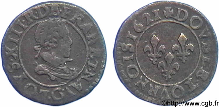 LOUIS XIII  Double tournois, petit buste enfantin au col plat 1621 Poitiers BB