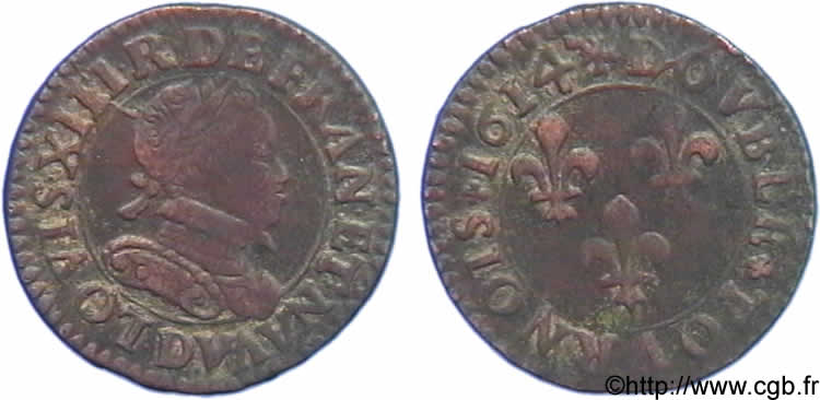 LOUIS XIII LE JUSTE Double tournois au petit buste enfantin col plat, de Lyon 1614 Lyon TTB