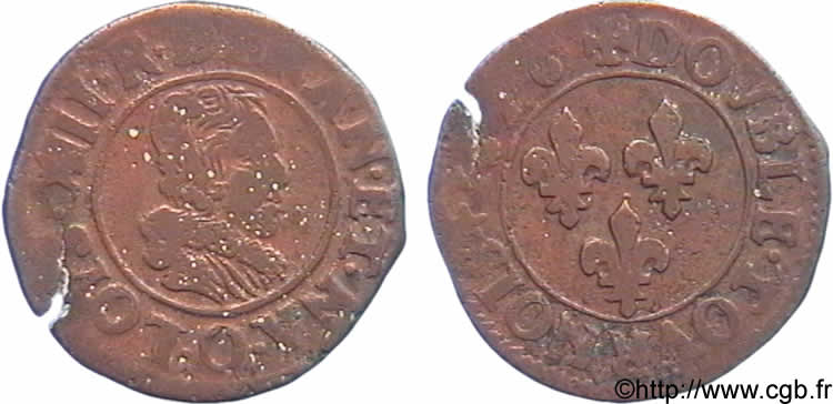 LOUIS XIII  Double tournois, petit buste adolescent au col plat de Riom 1626 Riom fSS