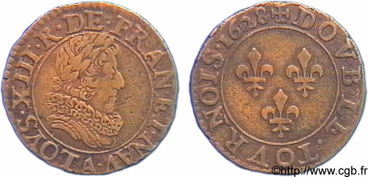 LOUIS XIII  Double tournois, buste juvénile cuirassé à double fraise fermée 1628 Paris XF