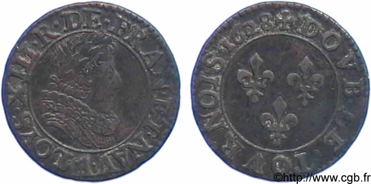 LOUIS XIII Double tournois, buste juvénile cuirassé à double fraise fermée 1628 Paris XF