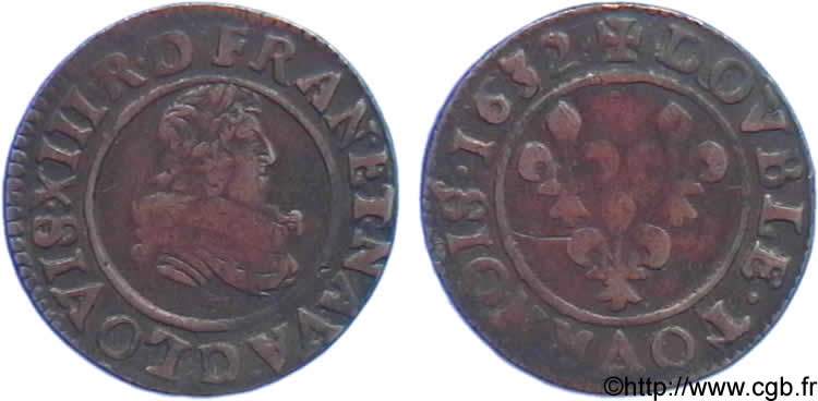 LOUIS XIII  Double tournois, petit buste juvénile à grande fraise de Lyon 1632 Lyon VF