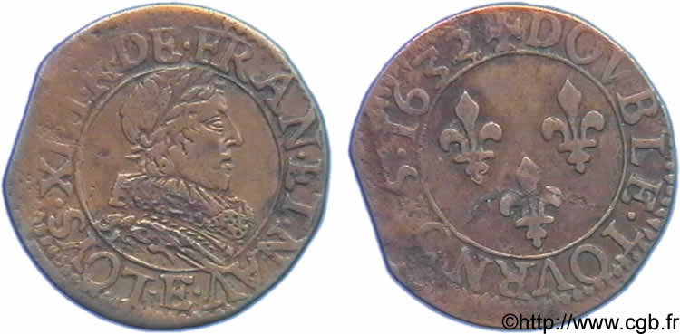 LOUIS XIII LE JUSTE Double tournois, buste viril à grande fraise rabattue 1632 Tours TB+