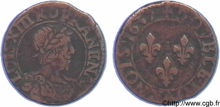 LOUIS XIII  Double tournois, petit buste viril drapé au cou mince 1637 Tours VF