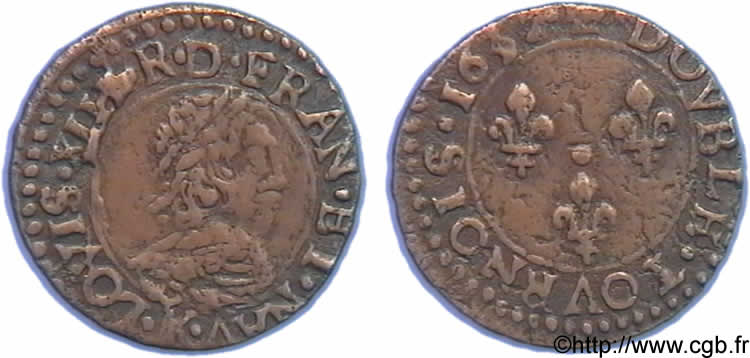 LOUIS XIII Double tournois, buste vieux, avec large col bordé de dentelle 1637 Bordeaux VF