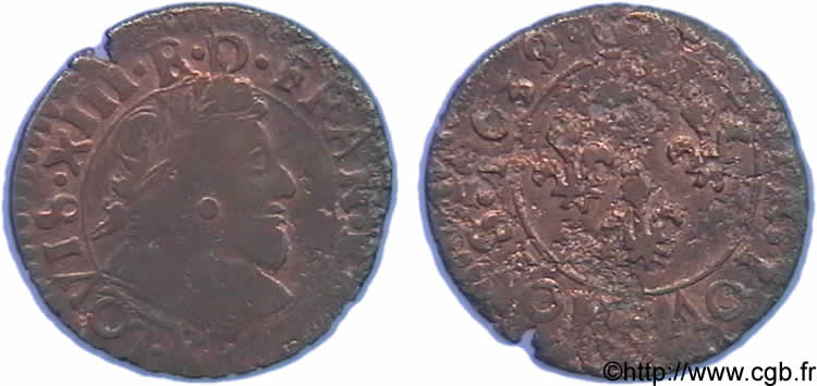 LOUIS XIII  Double tournois, buste vieux grossier à grosse tête barbue 1639 Bordeaux MB