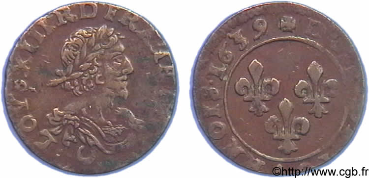 LOUIS XIII  Double tournois au grand buste viril drapé 1639 Vallée du Rhône BB