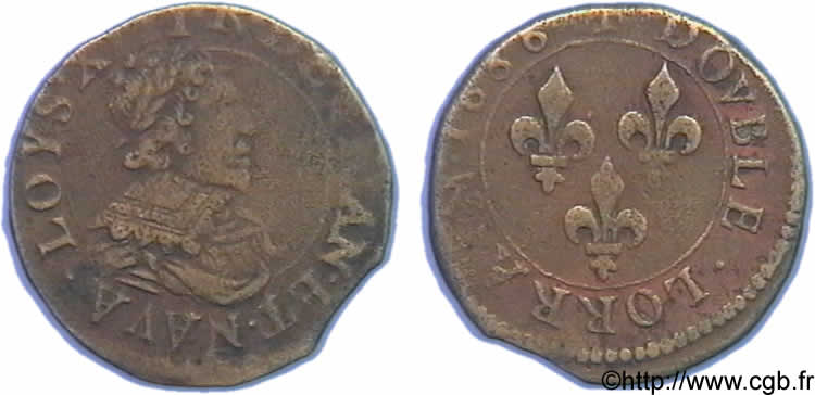 LOUIS XIII LE JUSTE Double lorrain au buste juvénile à languettes 1636 Stenay TB+