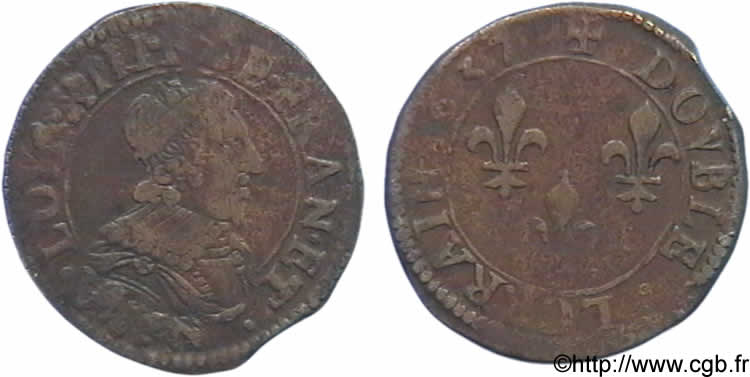 LOUIS XIII  Double lorrain au buste juvénile à languettes 1637 Stenay BB