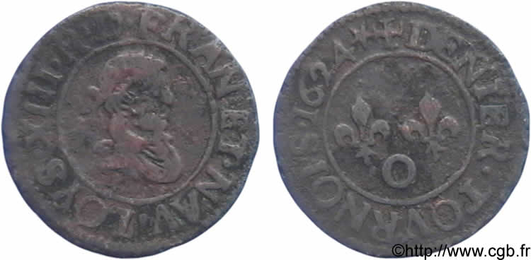LOUIS XIII  Denier tournois, au buste adolescent drapé et à col plat de Riom 1624 Riom q.BB