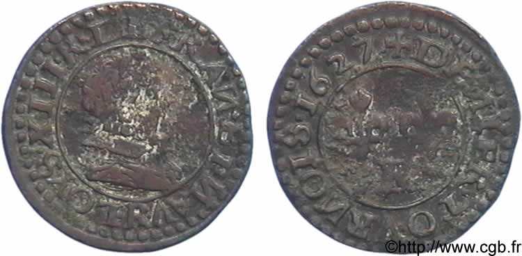 LOUIS XIII  Denier tournois, grosse tête juvénile au col plat de Villeneuve 1627 Saint-André de Villeneuve-lès-Avignon q.BB