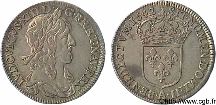 LOUIS XIII LE JUSTE Quart d écu d argent, 2e type, 1er poinçon de Warin 1642 Paris, Monnaie du Louvre TTB+