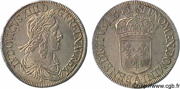 LOUIS XIII LE JUSTE Écu, buste drapé et cuirassé (2e buste de Jean Warin) 1643 Paris, Monnaie du Louvre SUP