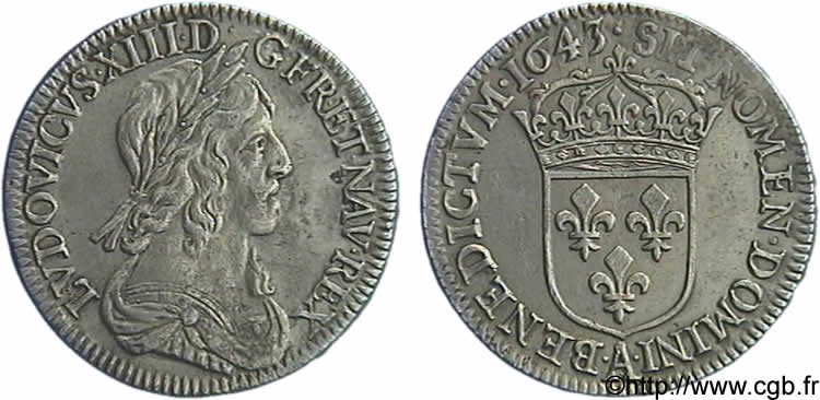 LOUIS XIII LE JUSTE Quart d écu, buste drapé et cuirassé (2e buste de Jean Warin) 1643 Paris, Monnaie du Louvre TTB/TTB+