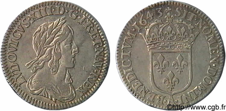 LOUIS XIII  Douzième d écu, buste drapé et cuirassé (2e buste de Jean Warin) 1643 Paris, Monnaie de Matignon MBC+