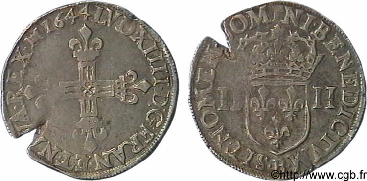 LOUIS XIV  THE SUN KING  Quart d écu, 1er type 1644 Rouen BB