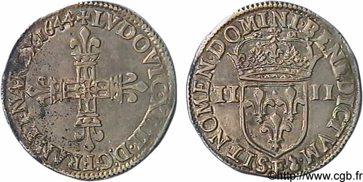 LOUIS XIV  THE SUN KING  Quart d écu, 1er type 1644 Angers AU