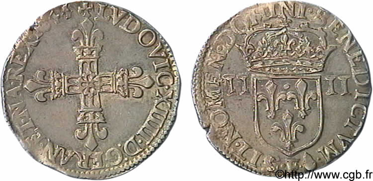 LOUIS XIV  THE SUN KING  Quart d écu, 1er type 1645 Angers VZ