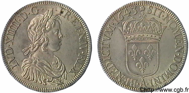 LOUIS XIV  THE SUN KING  Écu à la mèche courte 1643 Paris, Monnaie de Matignon SC