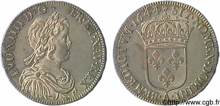 LOUIS XIV &nbsp;THE SUN KING&nbsp; Demi-écu à la mèche courte 1644 Paris, Monnaie de Matignon MS
