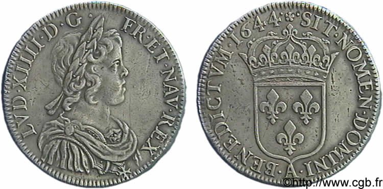 LOUIS XIV LE GRAND OU LE ROI SOLEIL Demi-écu à la mèche courte 1644 Paris, Monnaie de Matignon TTB+