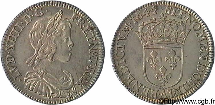 LOUIS XIV  THE SUN KING  Quart d écu à la mèche courte 1644 Paris, Monnaie du Louvre SPL