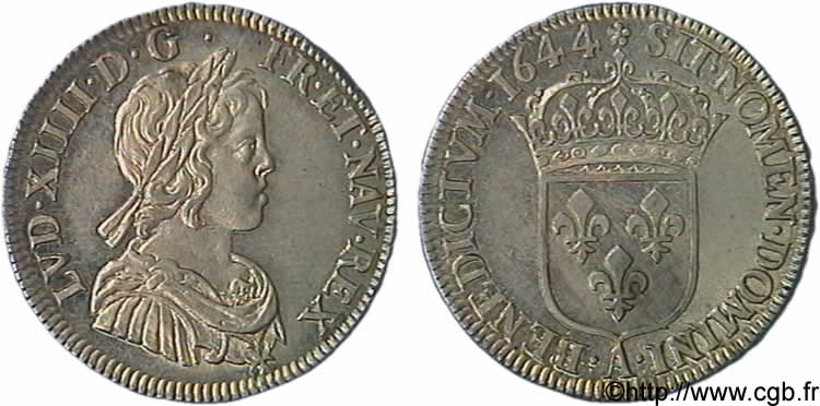 LOUIS XIV LE GRAND OU LE ROI SOLEIL Quart d écu à la mèche courte 1644 Paris, Monnaie de Matignon SPL