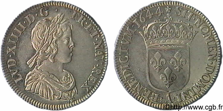 LOUIS XIV LE GRAND OU LE ROI SOLEIL Quart d&nbsp;écu à la mèche courte 1644 Paris, Monnaie de Matignon SPL