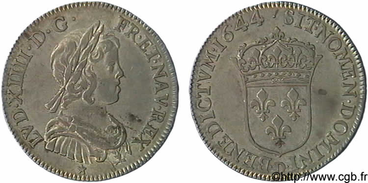 LOUIS XIV LE GRAND OU LE ROI SOLEIL Quart d&nbsp;écu à la mèche courte 1644 Lyon TTB+