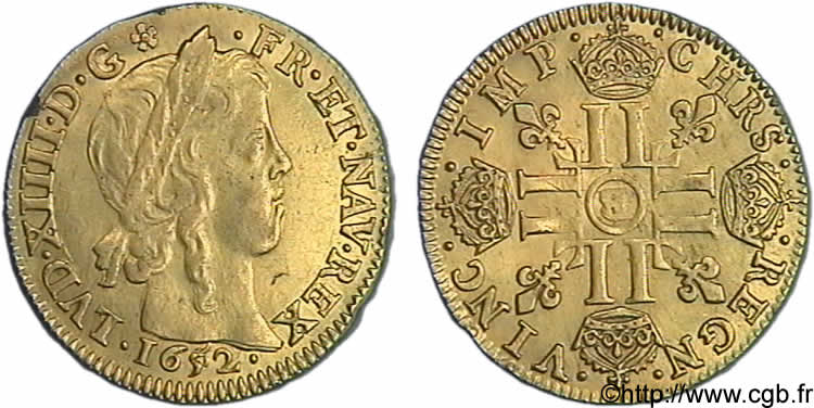 LOUIS XIV  THE SUN KING  Louis d’or aux huit L, portrait à la mèche longue 1652 Rouen AU