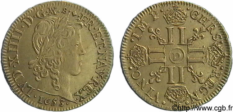 LOUIS XIV  THE SUN KING  Louis d’or aux huit L, portrait à la mèche longue 1653 Lyon EBC