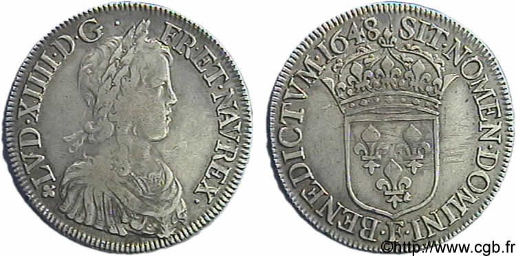LOUIS XIV  THE SUN KING  Écu à la mèche longue 1648 Angers VF/XF