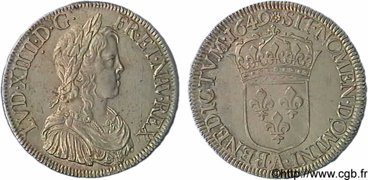 LOUIS XIV  THE SUN KING  Écu à la mèche longue 1649 Paris EBC