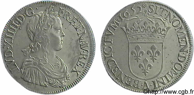 LOUIS XIV  THE SUN KING  Écu à la mèche longue 1652 Paris AU
