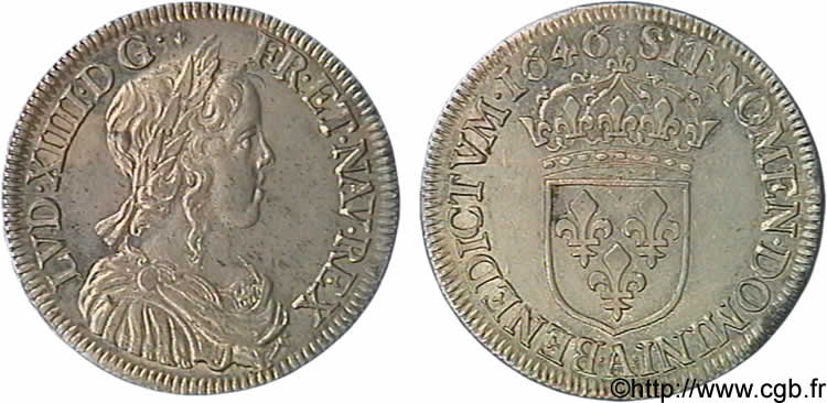 LOUIS XIV  THE SUN KING  Demi-écu à la mèche longue 1646 Paris, Monnaie de Matignon MS