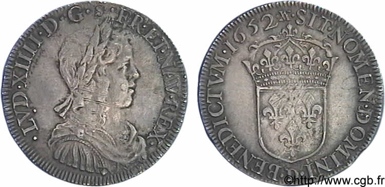 LOUIS XIV  THE SUN KING  Demi-écu à la mèche longue 1652 Lyon AU