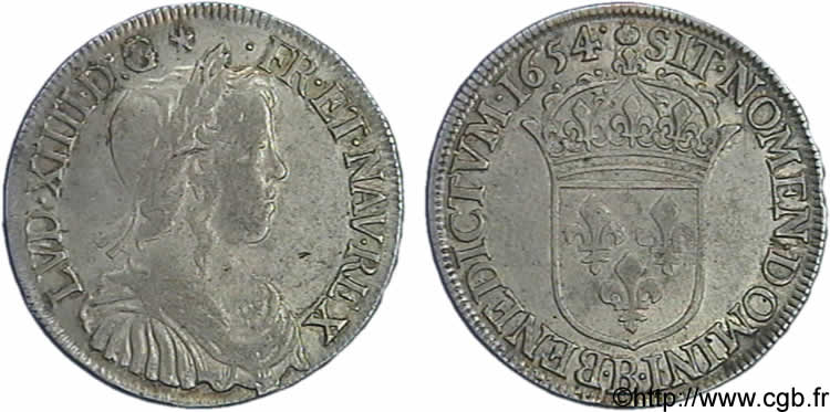 LOUIS XIV LE GRAND OU LE ROI SOLEIL Demi-écu à la mèche longue 1654 Rouen TTB