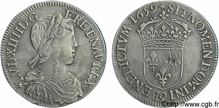 LOUIS XIV  THE SUN KING  Demi-écu à la mèche longue 1659 Rennes BC+