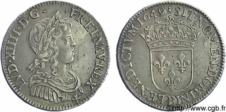 LOUIS XIV  THE SUN KING  Quart d écu d argent à la mèche longue 1649 Rouen SPL