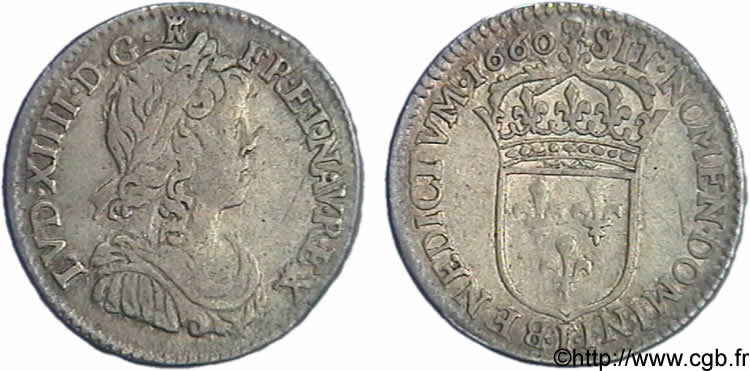 LOUIS XIV  THE SUN KING  Douzième d écu à la mèche longue 1660 Limoges VF