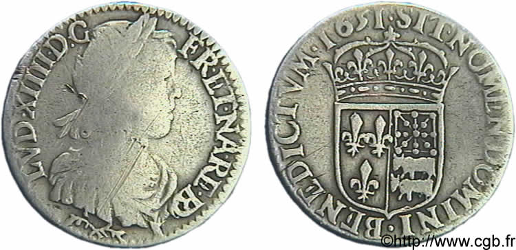LOUIS XIV LE GRAND OU LE ROI SOLEIL Douzième d écu à la mèche longue de Béarn 1651 Pau TB+/TTB