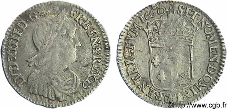 LOUIS XIV LE GRAND OU LE ROI SOLEIL Douzième d&nbsp;écu de Béarn à la mèche longue 1660 Pau TB+