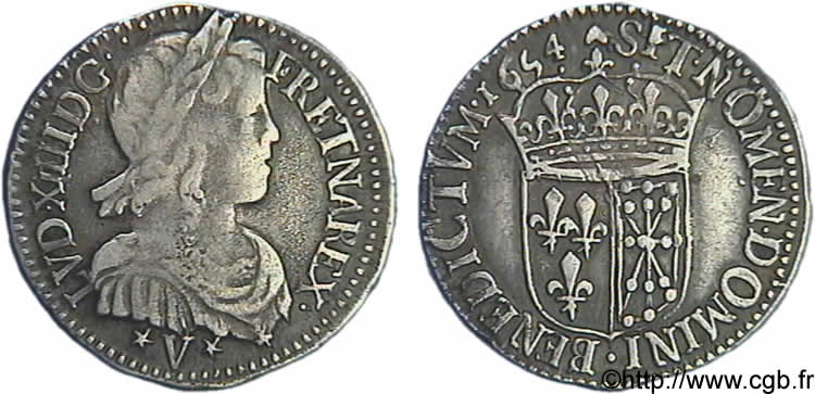 LOUIS XIV LE GRAND OU LE ROI SOLEIL Douzième d écu de Navarre à la mèche longue 1654 Saint-Palais TTB/TTB+